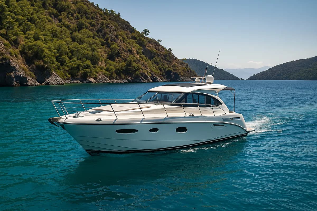 Modern private motor yacht anchored in a Göcek bay