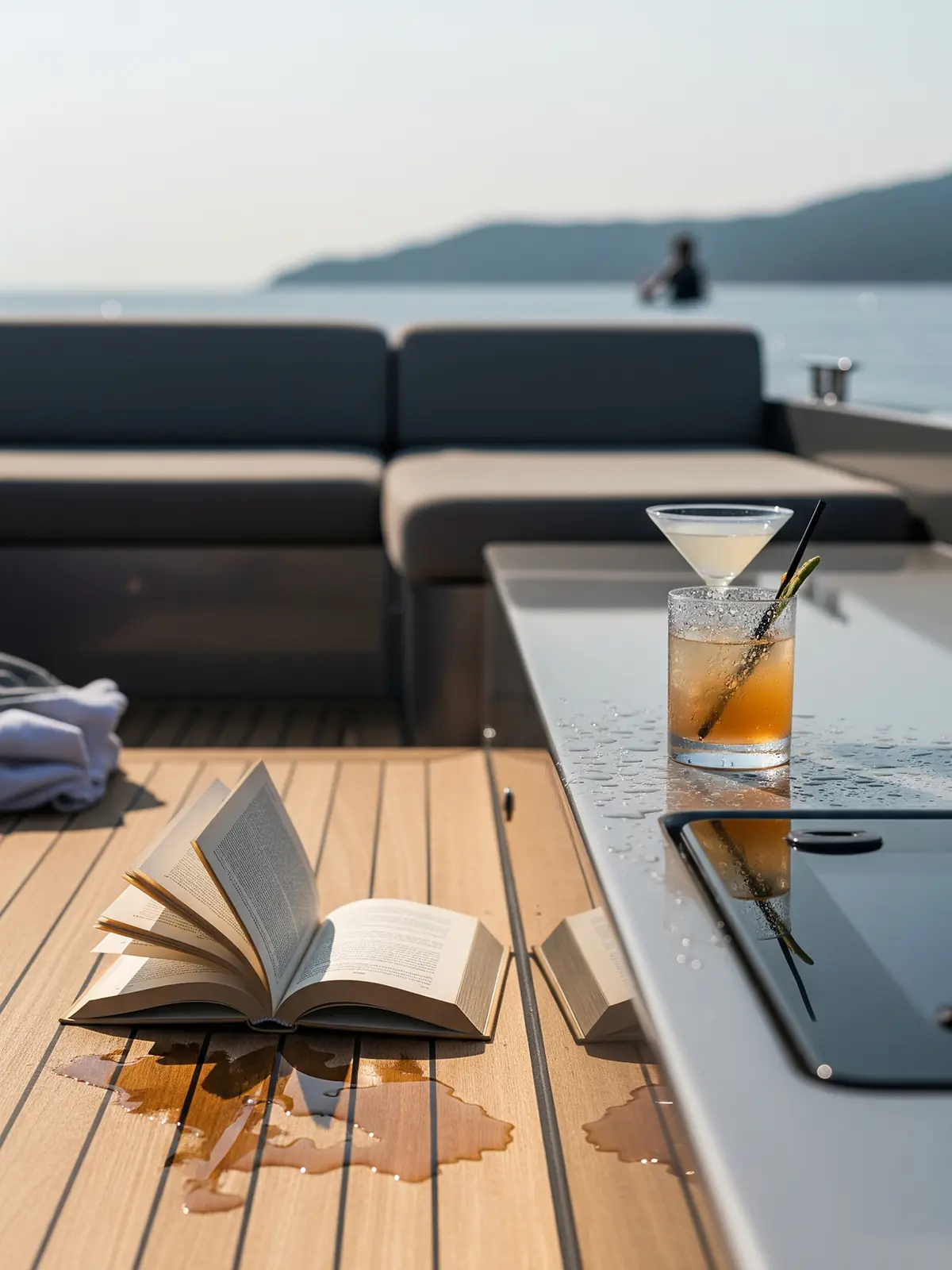 Ein ruhiger und luxuriöser Urlaubs-Moment: Ein Buch und zwei erfrischende Getränke auf dem Holzdeck einer Yacht bei Sonnenuntergang in Göcek.