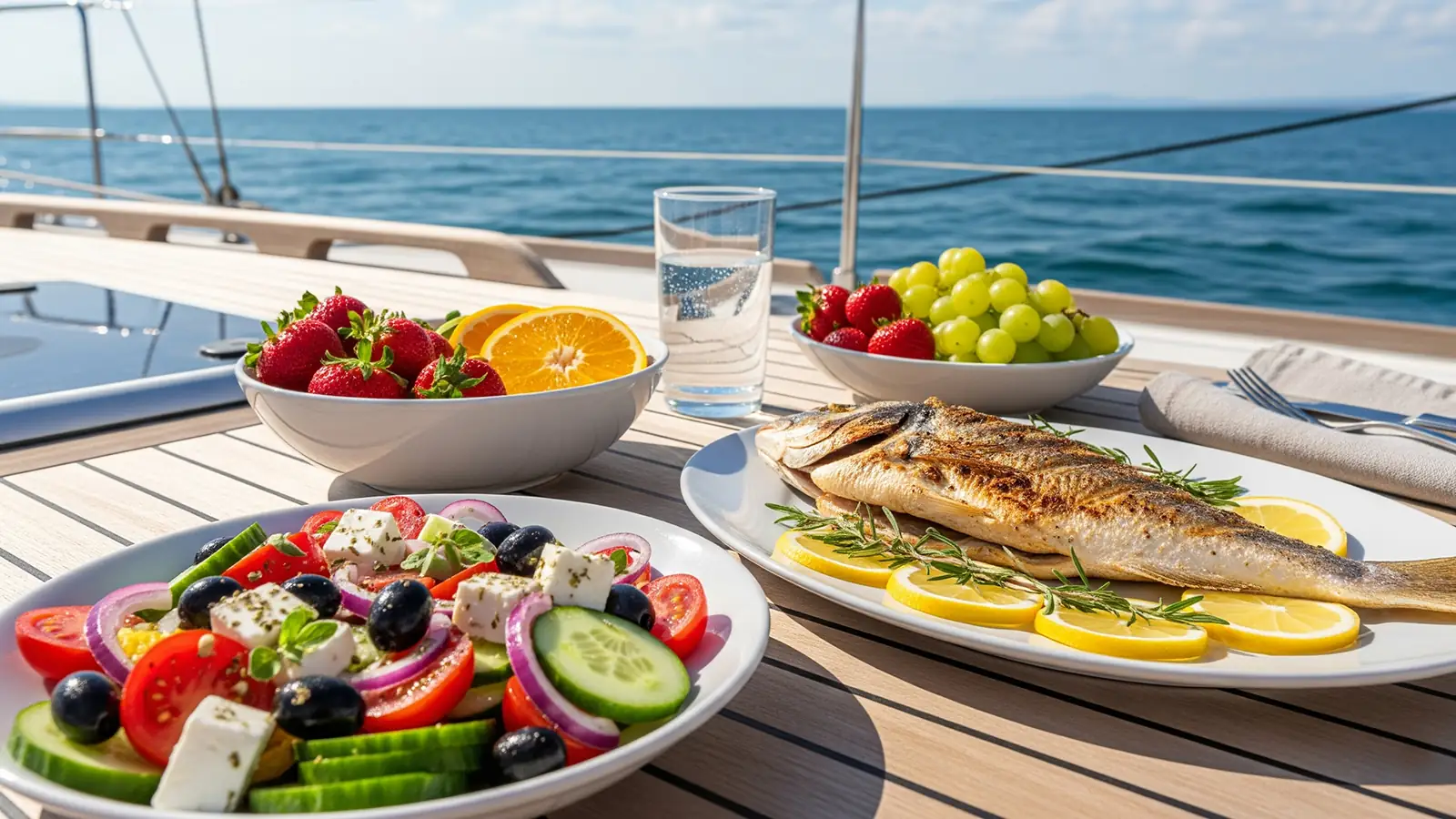 A table set on the deck during a blue cruise; fresh fish, Aegean mezes, and seasonal salads. A delightful dining experience accompanied by sea and nature views.