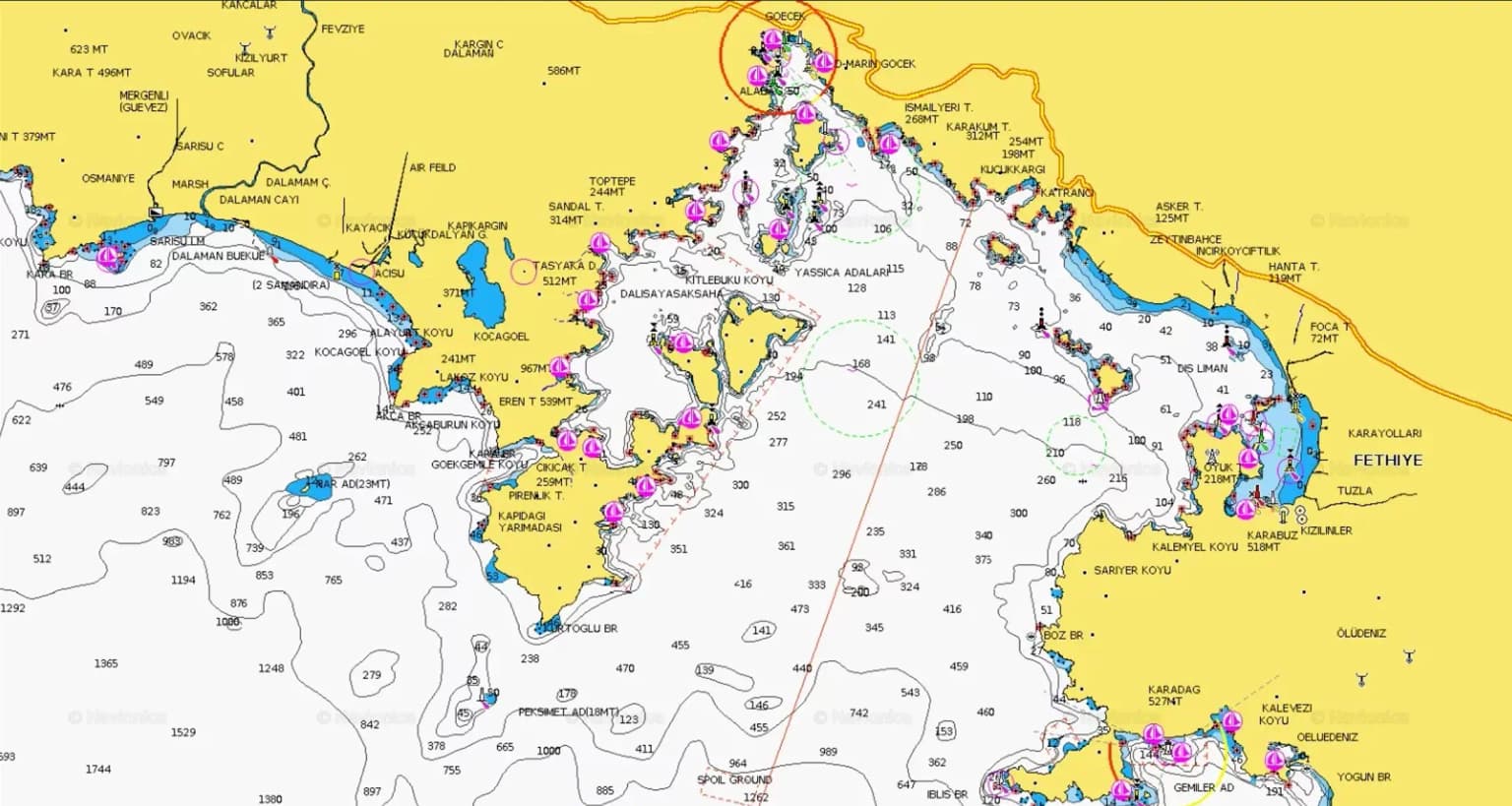 Detailed sea map and route plan showing the blue cruise routes, bays, and islands departing from Gocek.