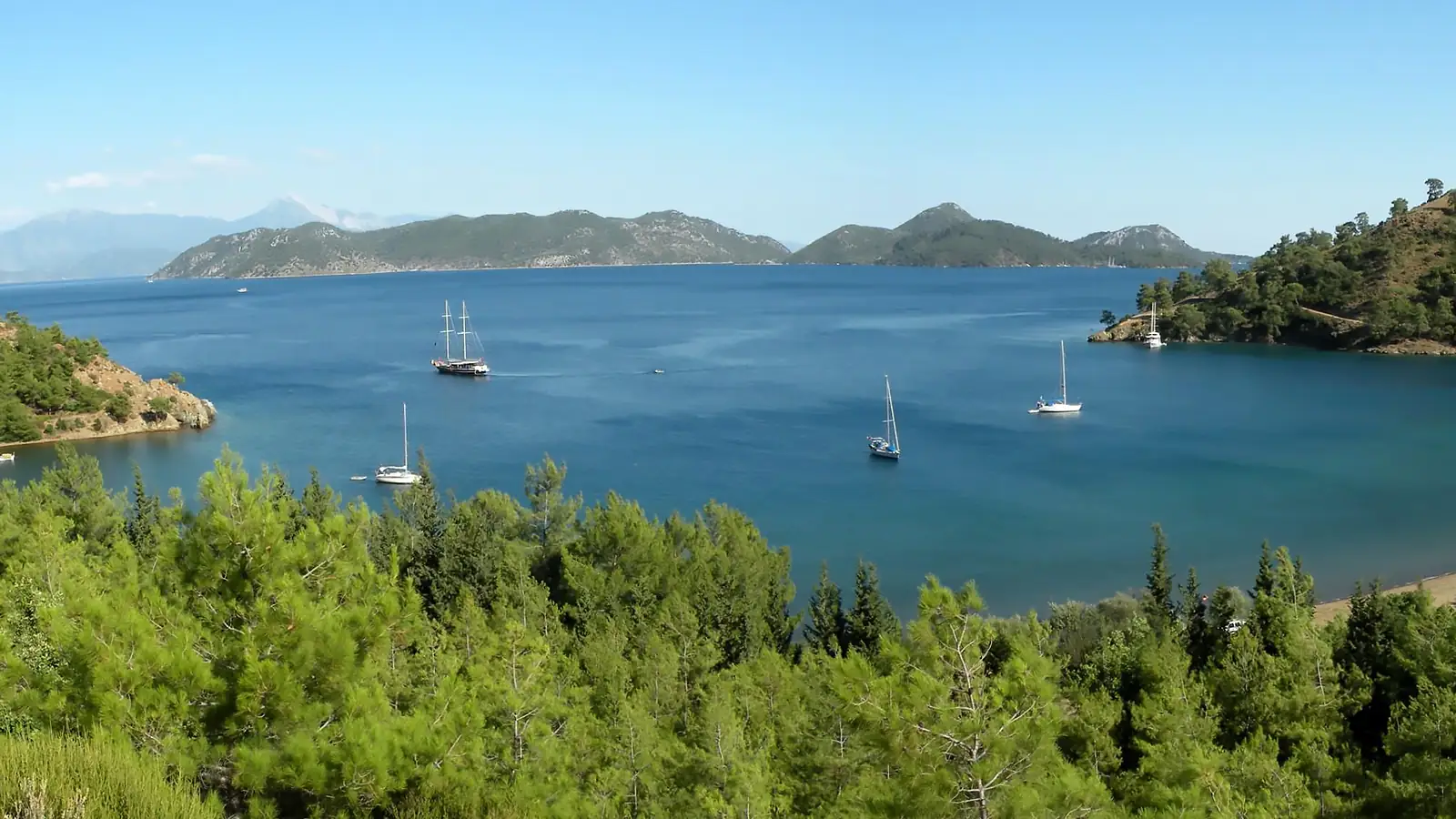 The wide beach and sea surrounded by pine trees of Kille Bay in Gocek. A popular swimming and break spot accessible by both land and sea.