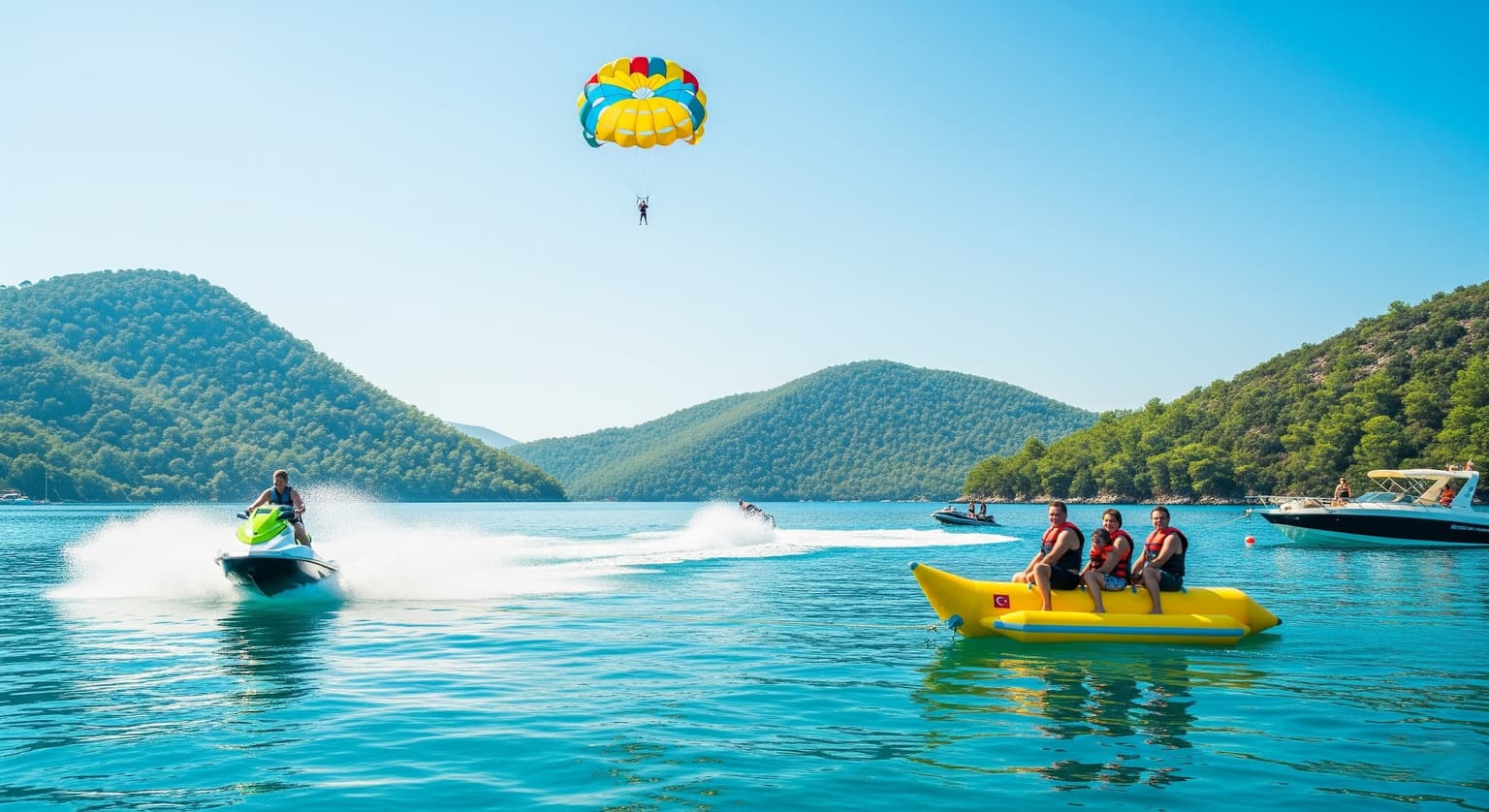 Menschen, die in den türkisfarbenen Gewässern von Göcek verschiedene Wassersportarten wie Jetski und Paddleboarding betreiben.