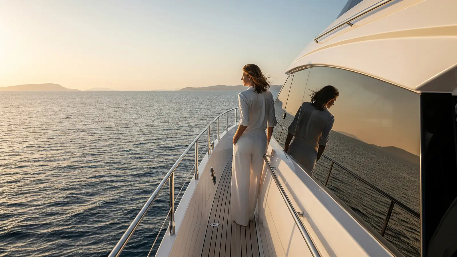 A woman on the deck of a boat, looking at the horizon as her hair waves in the wind. A shot reflecting a moment of peace and freedom on a blue cruise.