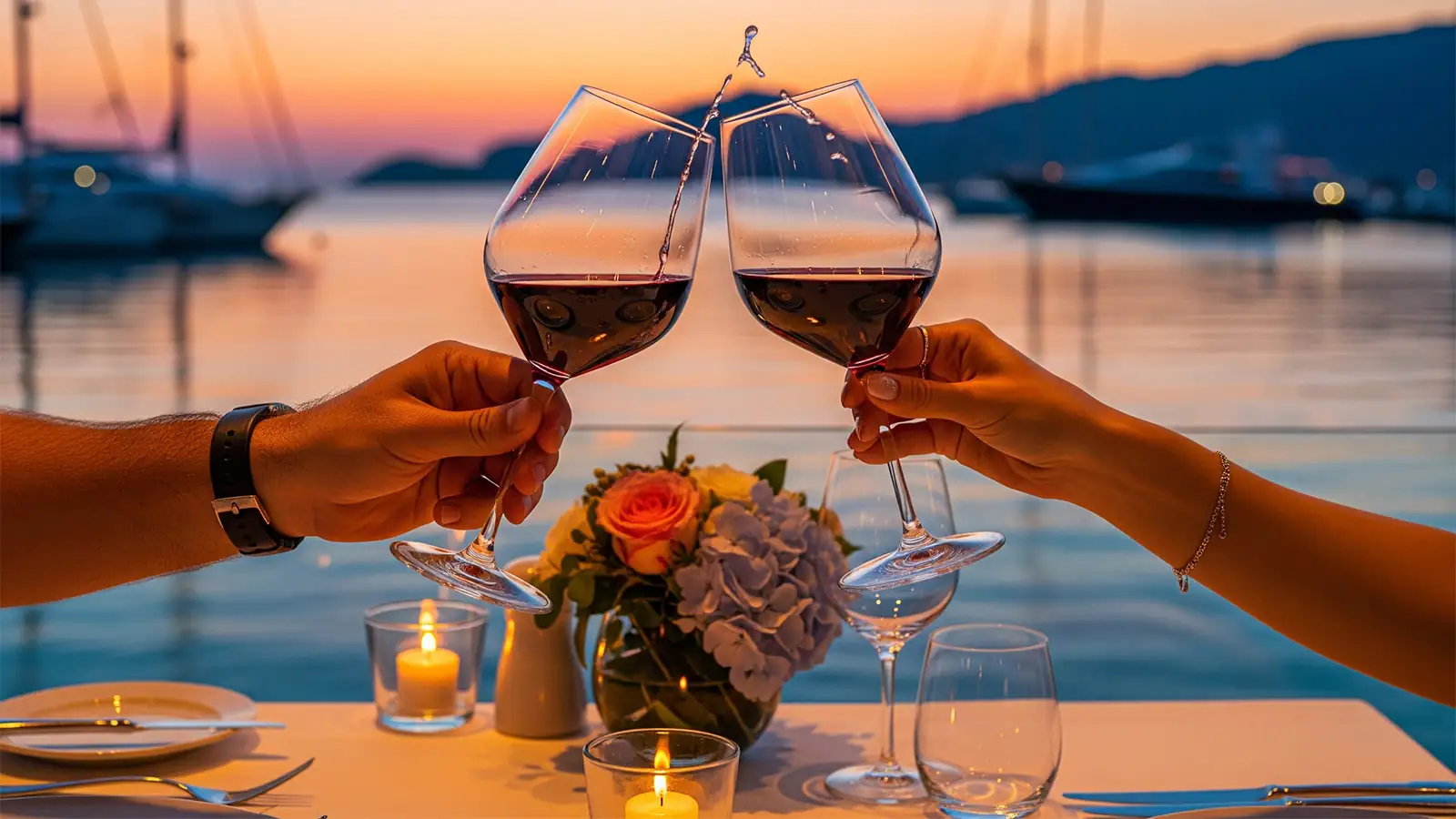 Für das Abendessen gedeckte Tische in einem Restaurant an der Küste von Göcek. Lokale, die frische Meeresfrüchte, Mezes und ägäische Küche anbieten.