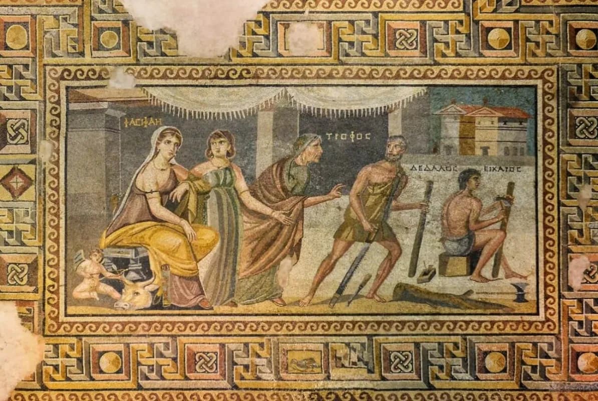 Ein antikes Mosaik, das das Labyrinth darstellt, das Daidalos für König Minos auf Kreta erbaute. Das Bauwerk im Zentrum des Mythos um den Helden Theseus und den Minotaurus.