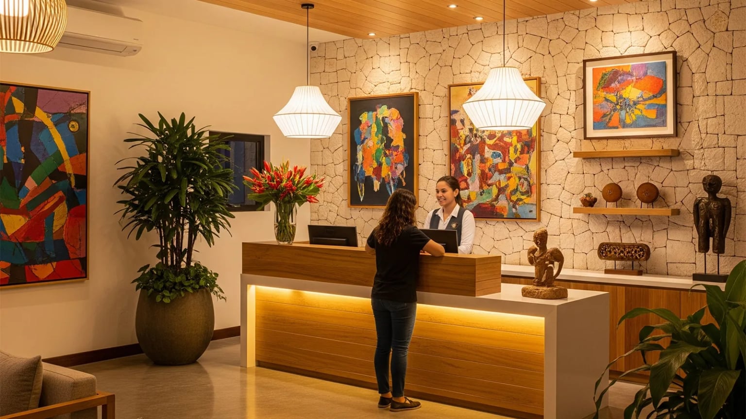Göcek'teki bir butik otelin şık ve modern resepsiyon alanı. Konukların sıcak bir gülümseme ile karşılandığı lobi ve danışma masası.