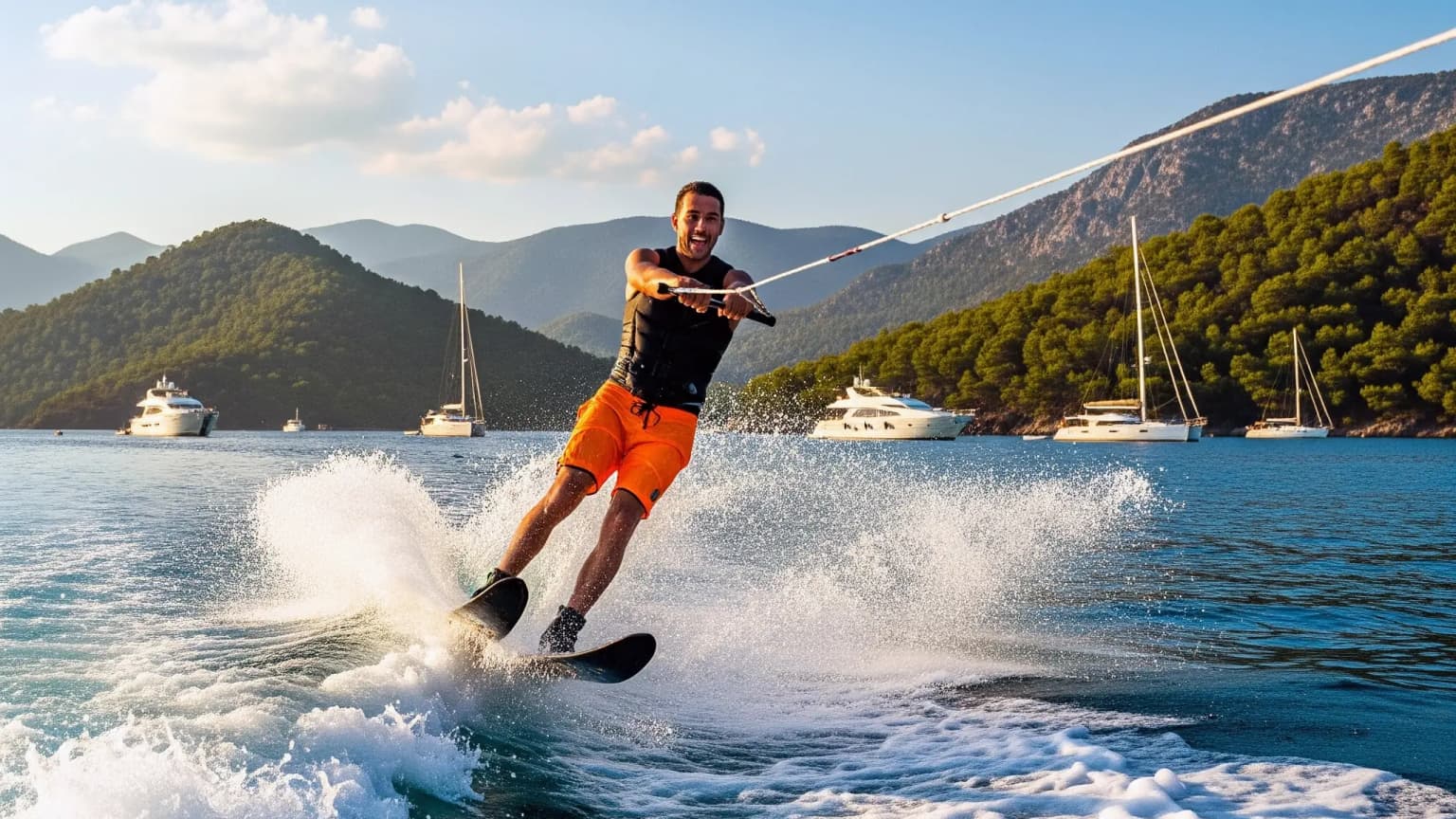 Holidaymakers enjoying water sports such as jet skiing, parasailing, and ringo in the bays of Gocek. Activities that add excitement to the blue cruise and boat tour experience.