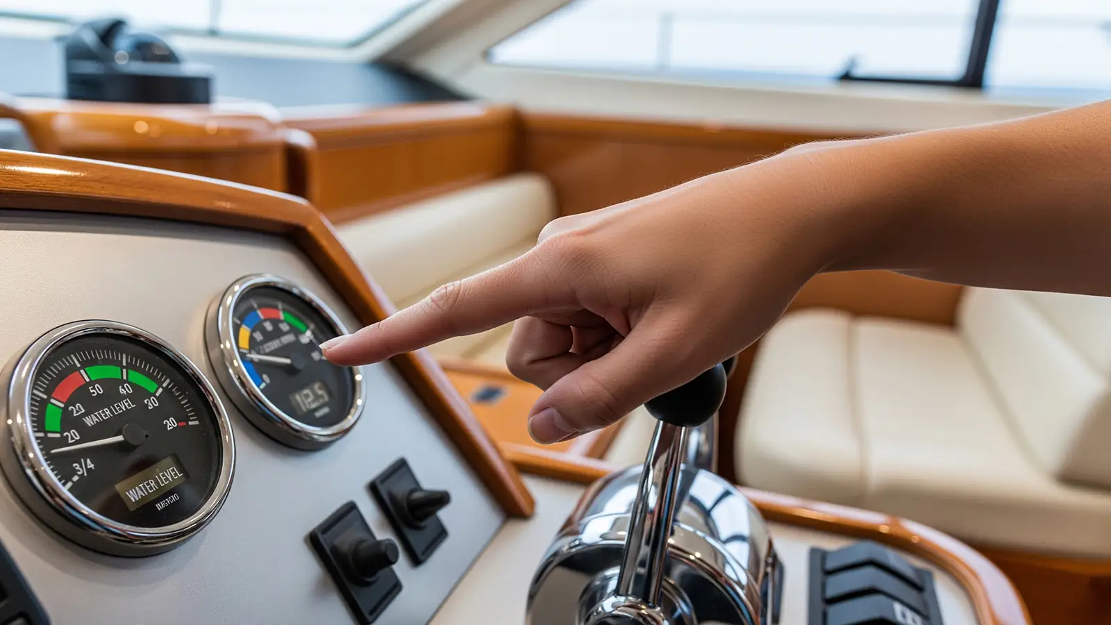 A battery monitor showing the boat's electrical system or solar panels on its deck. The importance of conscious consumption of water and electricity on a blue cruise.