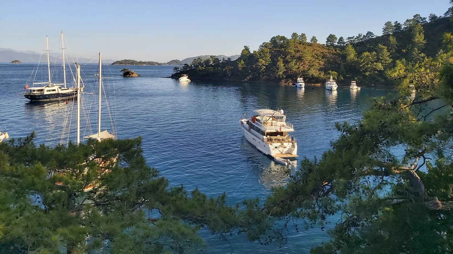 The lush nature and calm turquoise sea of Osmanağa Bay in Gocek. One of the peaceful bays preferred by boat tours and yachts for anchoring.