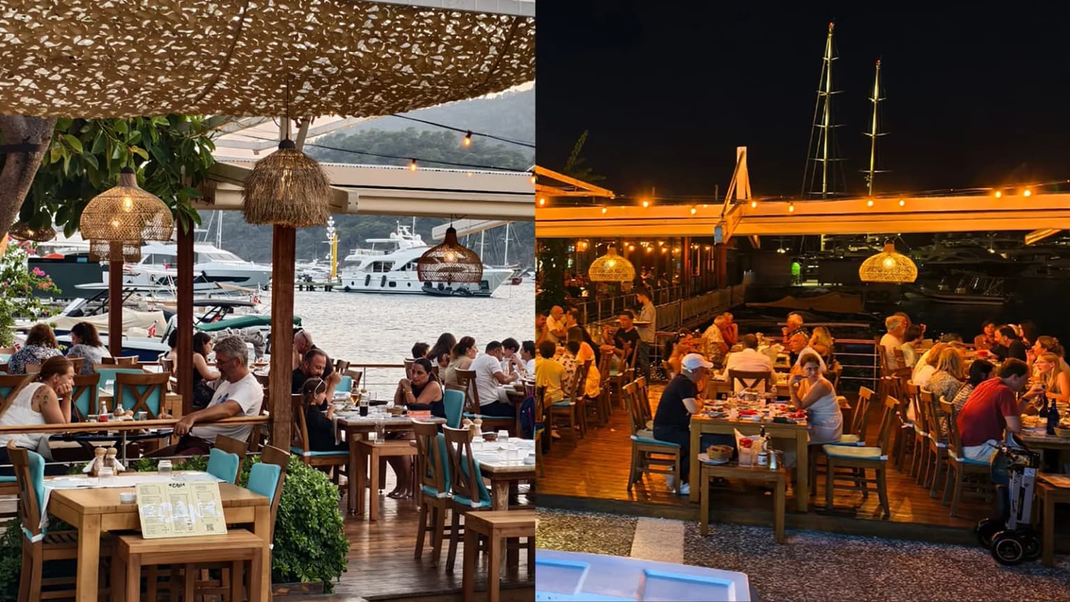 The seaside tables and meze display of Can Restaurant on the Gocek waterfront. A well-established fish restaurant famous for its fresh seafood and rich variety of mezes.