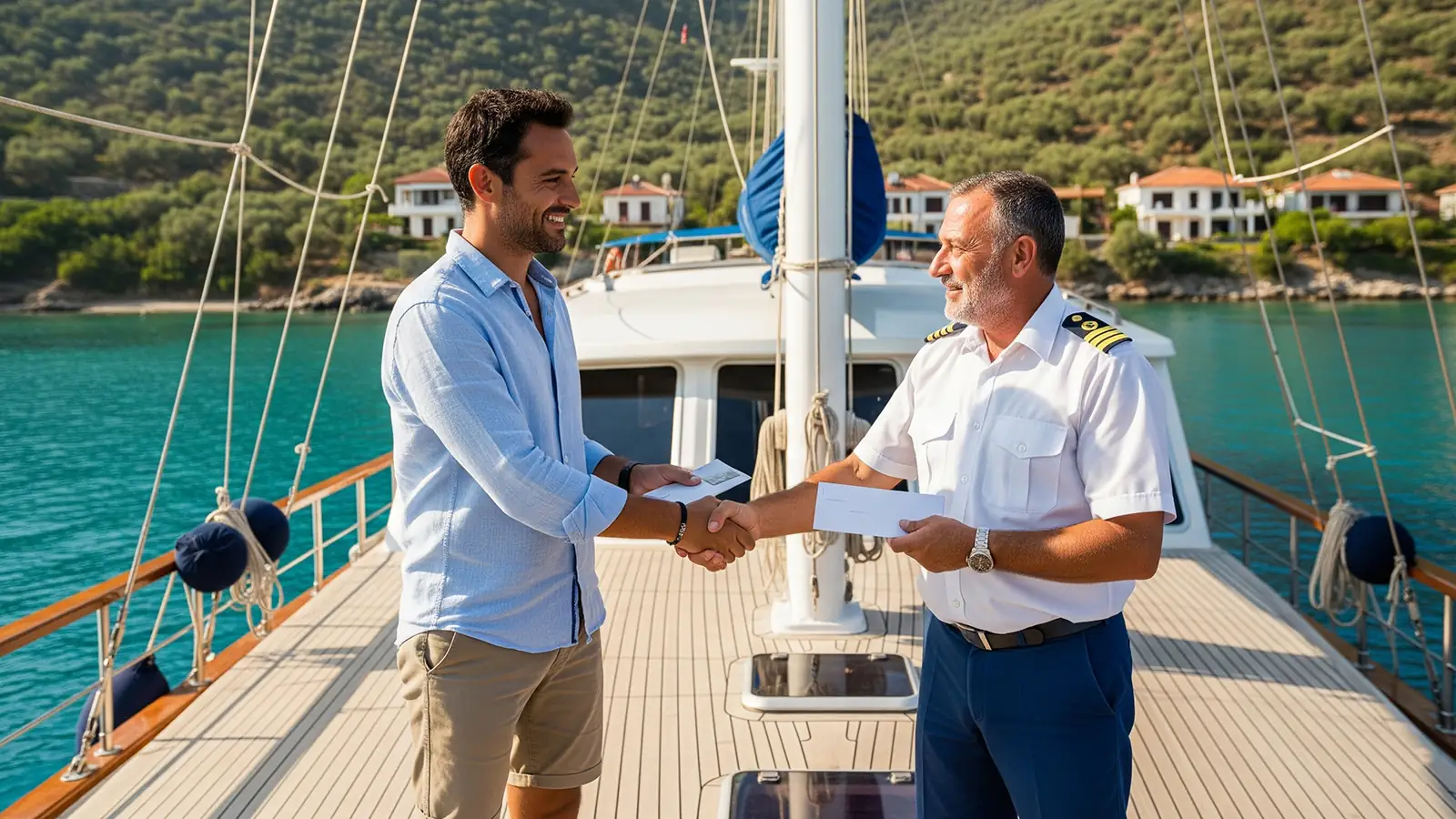 Gäste, die am Ende einer Blauen Reise dem Kapitän und der Besatzung ein Trinkgeld geben, um ihre Zufriedenheit zu zeigen. Ein Moment der Wertschätzung für guten Service und Teamarbeit.