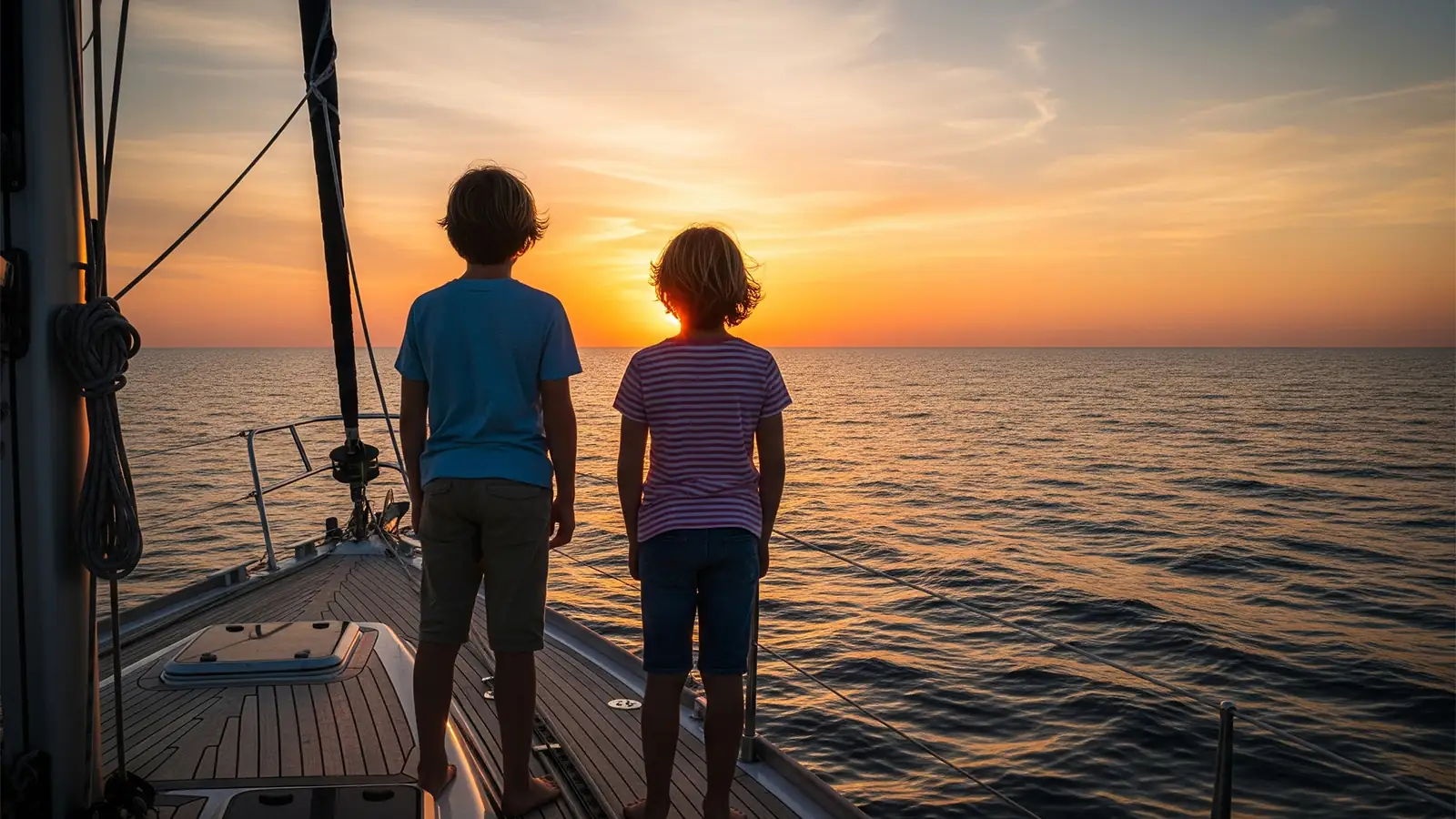 Zwei Kinder genießen die Aussicht auf dem Deck eines Bootes während einer Blauen Reise in Göcek oder an den ägäischen Küsten. Ein unvergessliches Bootsurlaubserlebnis für Familien.
