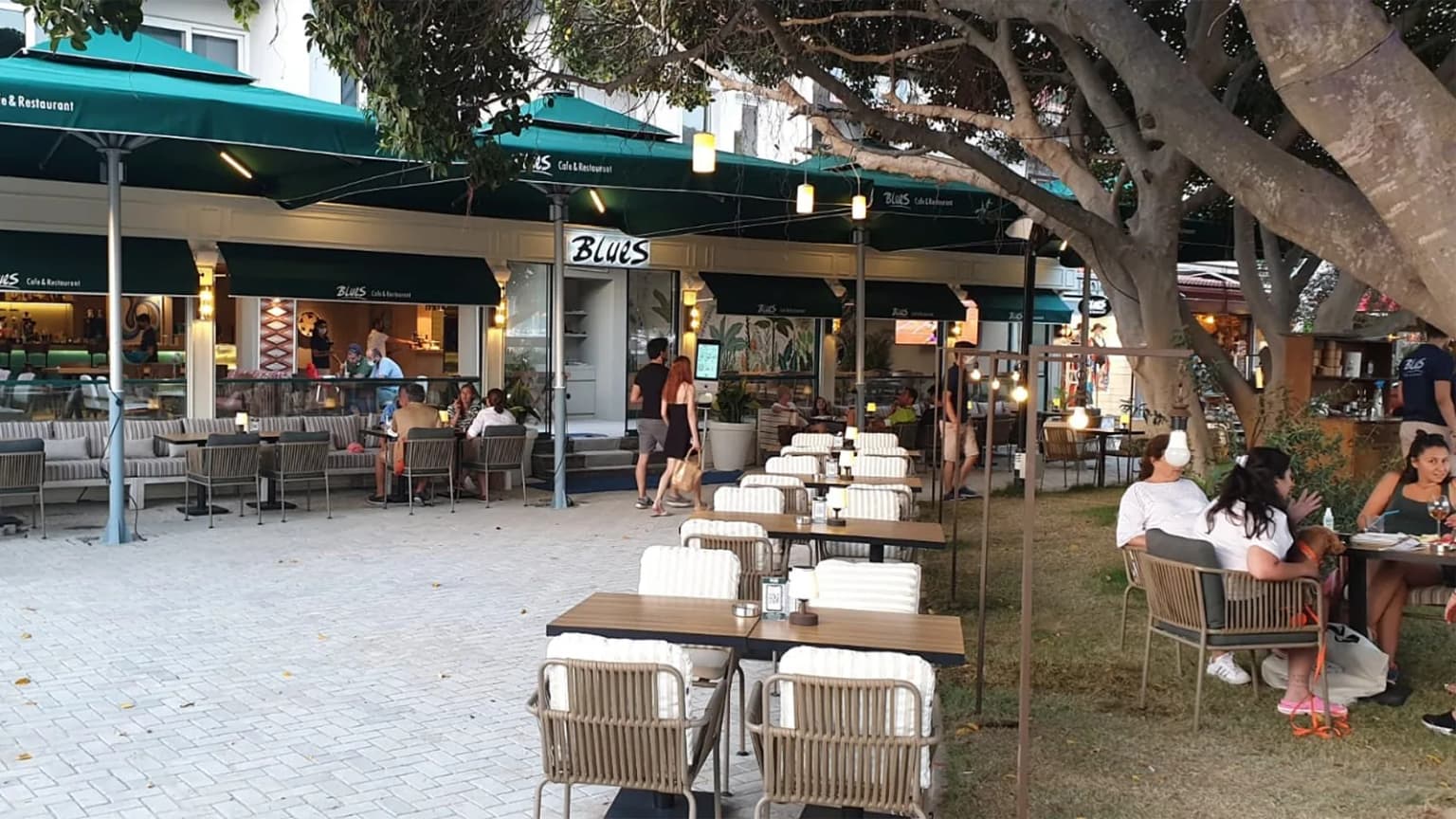 The live music stage and pleasant ambiance of Blues Restaurant & Cafe in Gocek. A popular venue near the marina, known for its extensive menu and relaxed atmosphere.