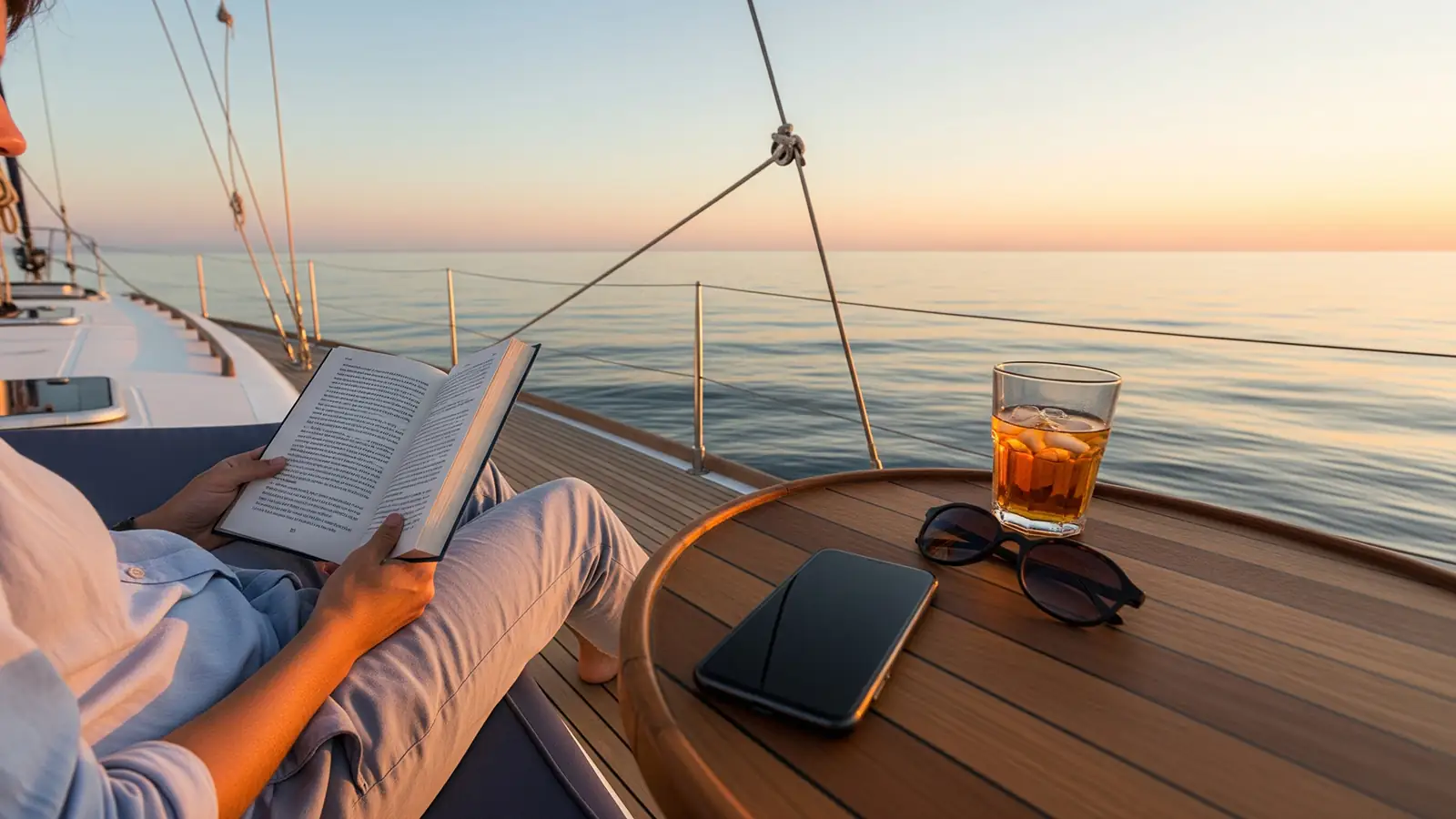 A person relaxing on the deck of a boat, away from their phone, reading a book or just watching the view. The peace of doing a digital detox on a blue cruise.
