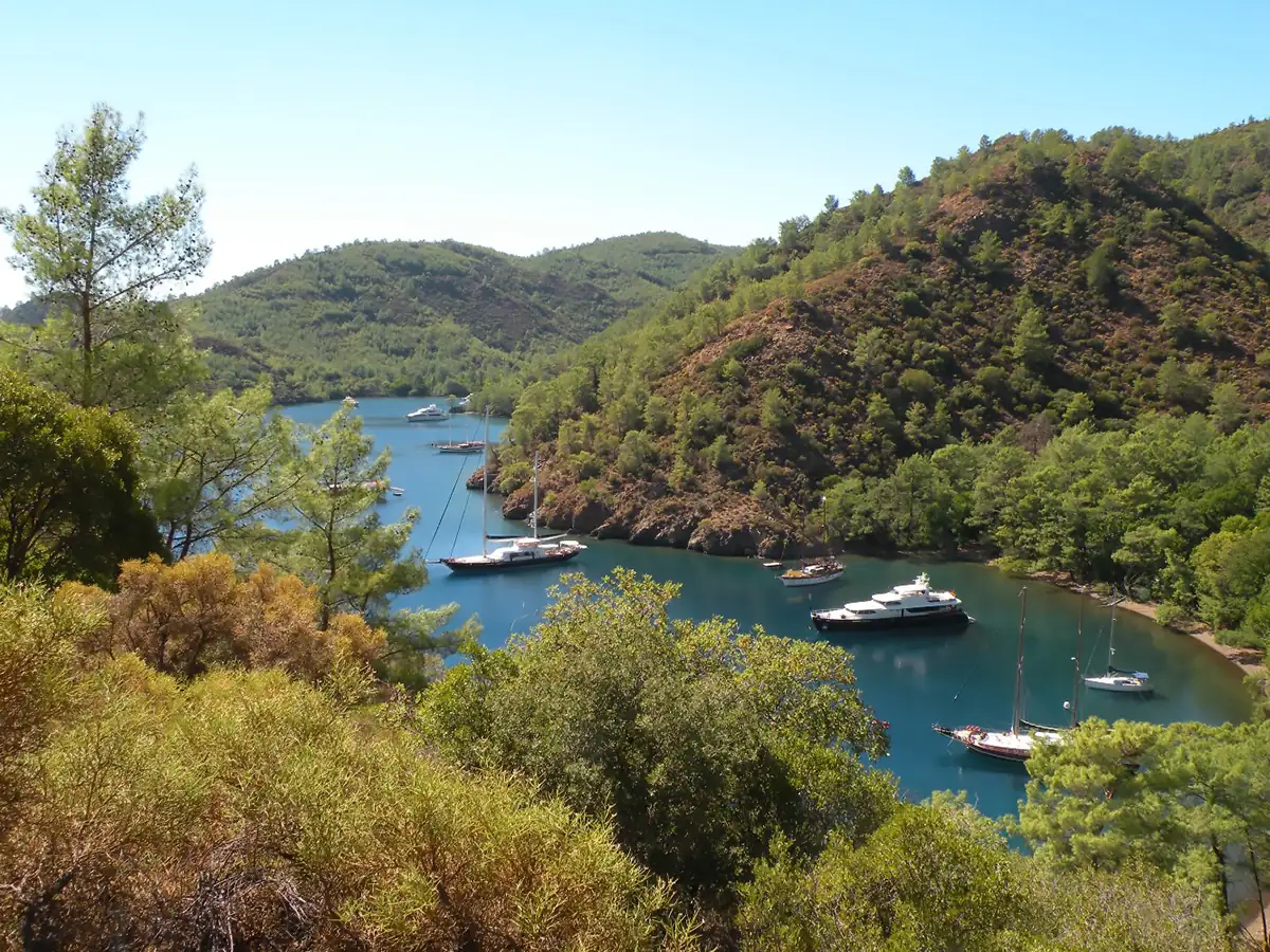 Ein Boot, das in einer der Buchten von Göcek auf einer Route der Blauen Reise vor Anker liegt. Türkisfarbenes Wasser, umgeben von Pinienwäldern, und ein Moment friedlichen Urlaubs.
