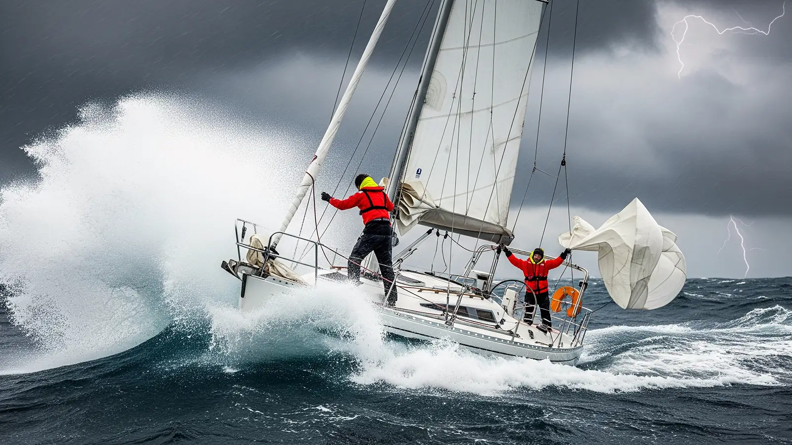 Sailors taking safety precautions on a boat in stormy weather. The importance of life jackets, securely fastened equipment, and emergency planning.