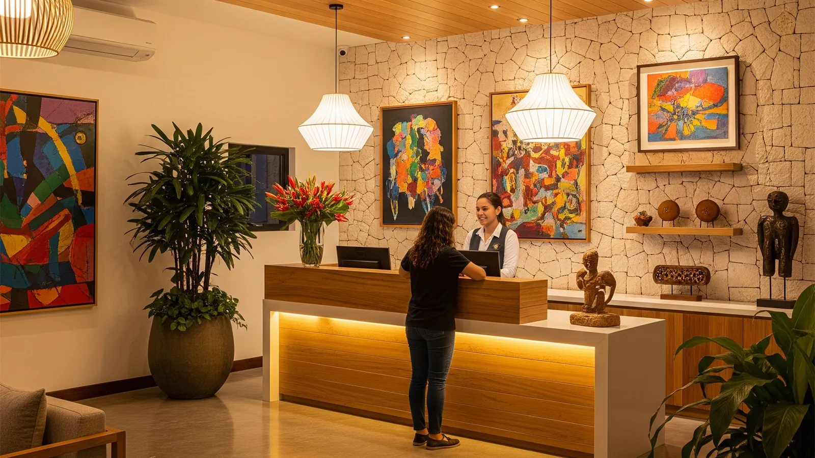 Göcek'teki bir butik otelin şık ve modern resepsiyon alanı. Konukların sıcak bir gülümseme ile karşılandığı lobi ve danışma masası.