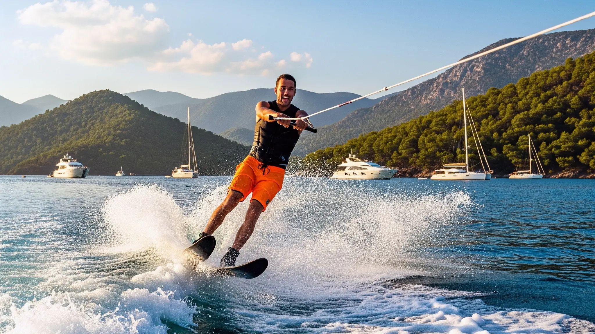 Göcek koylarında jet ski, parasailing ve ringo gibi su sporları yapan tatilciler. Mavi yolculuk ve tekne turu deneyimine heyecan katan aktiviteler.