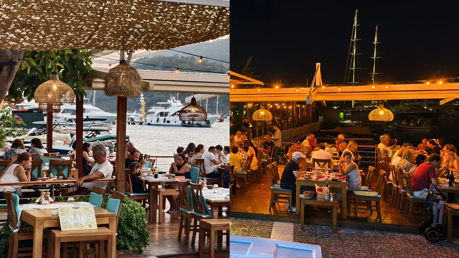 Göcek sahilindeki Can Restaurant'ın deniz kenarı masaları ve meze dolabı. Taze deniz ürünleri ve zengin meze çeşitleriyle ünlü, köklü bir balık restoranı.