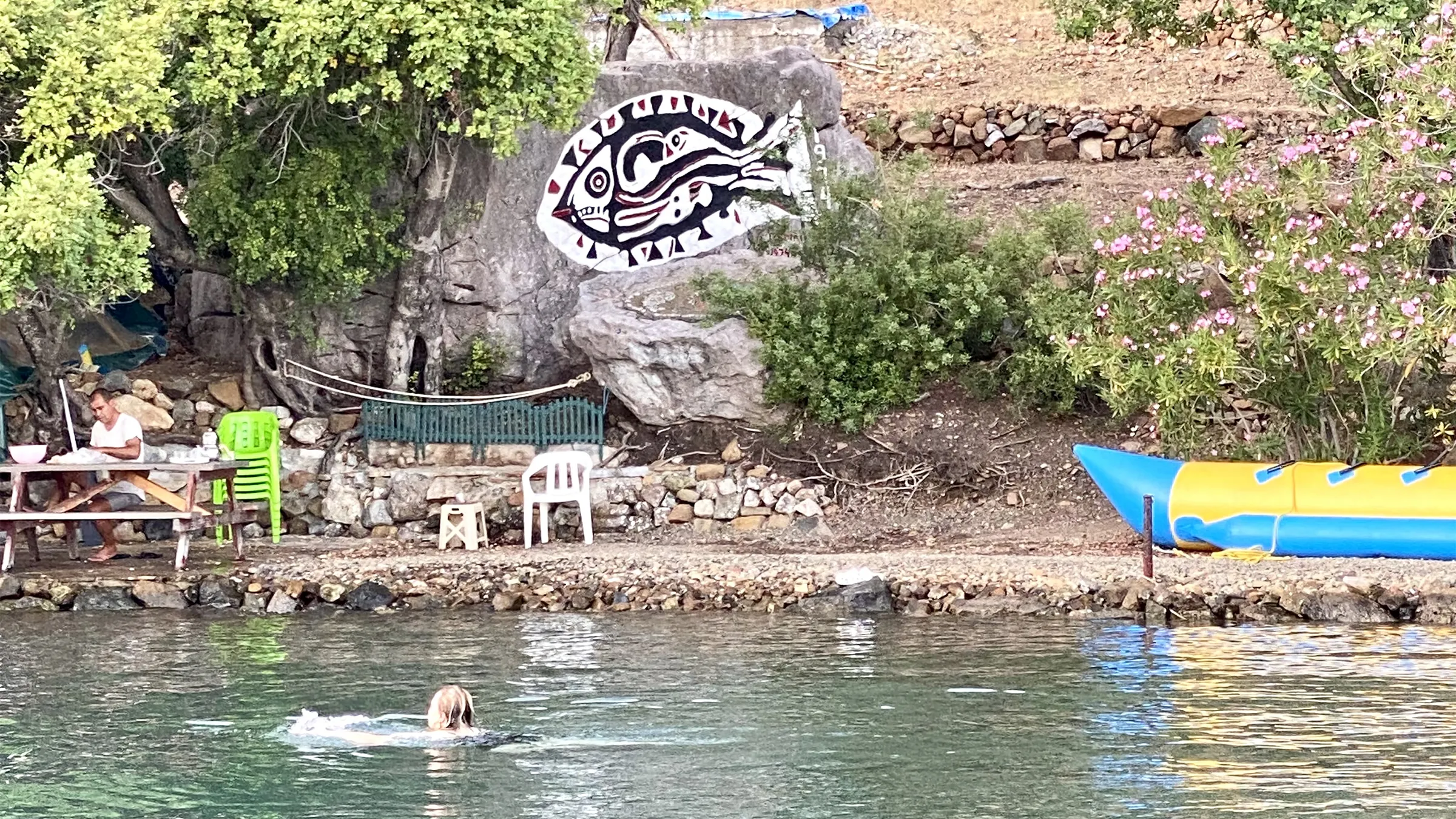 Göcek'teki Bedri Rahmi Koyu'nda sanatçının kayaya çizdiği ünlü balık figürü. Göcek tekne turlarının ve mavi yolculuk rotalarının ikonik durağı.