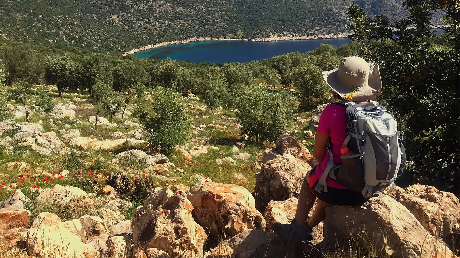 Göcek ve Fethiye arasındaki Likya Yolu'nun patikalarında yürüyüş yapan bir gezgin. Çam ormanları içinden geçen, eşsiz deniz manzaralı tarihi yürüyüş rotası.